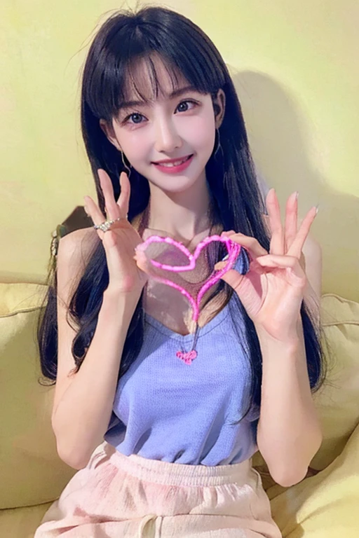 Highest quality、masterpiece、High sensitivity、High resolution、Detailed Description、Slender women、Slim Body、Glasseaking a heart shape with your hands、Casual clothes、smile、