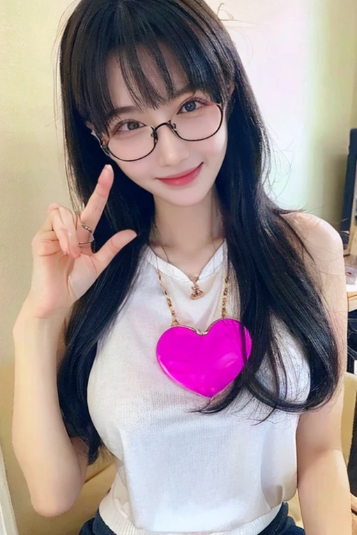 Highest quality、masterpiece、High sensitivity、High resolution、Detailed Description、Slender women、Slim Body、Glasseaking a heart shape with your hands、Casual clothes、smile、