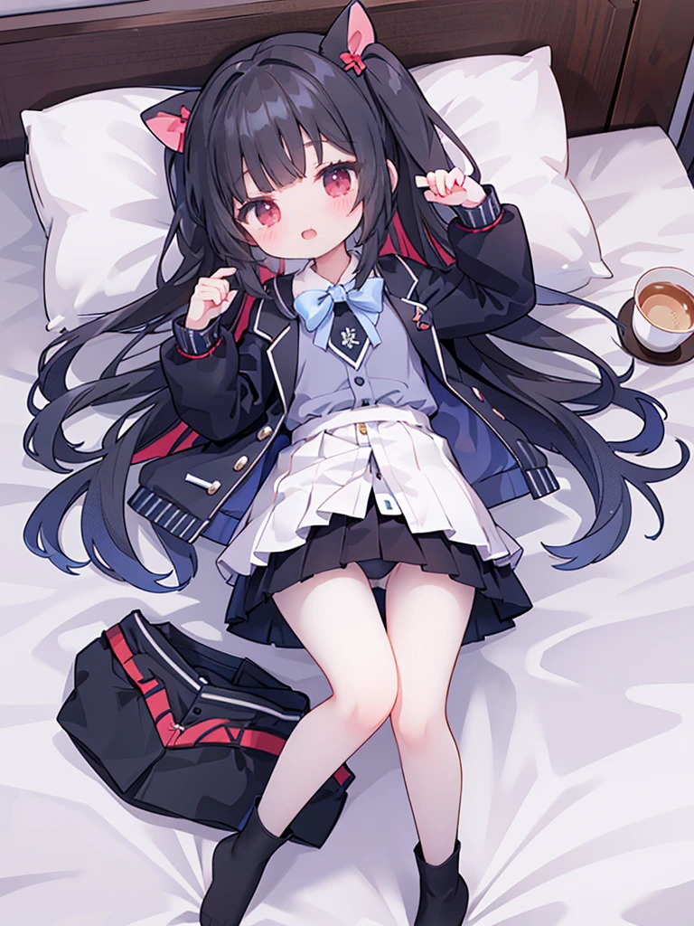 1 Girl，pantyhose，individual，long hair，skirt，Uniforms，blush，，，Jacket，lying down，looking at the audience，black hair，On the back，Red eyes，Bow，Pillow，黑色pantyhose、紅色Bow，白色shirt，under panties，shirt，Long sleeve，No shoes，系帶pantyhose的百褶裙，Bangs，藍色Jacket，open mouth，Bow在床上，運動Jacket，extra long hair