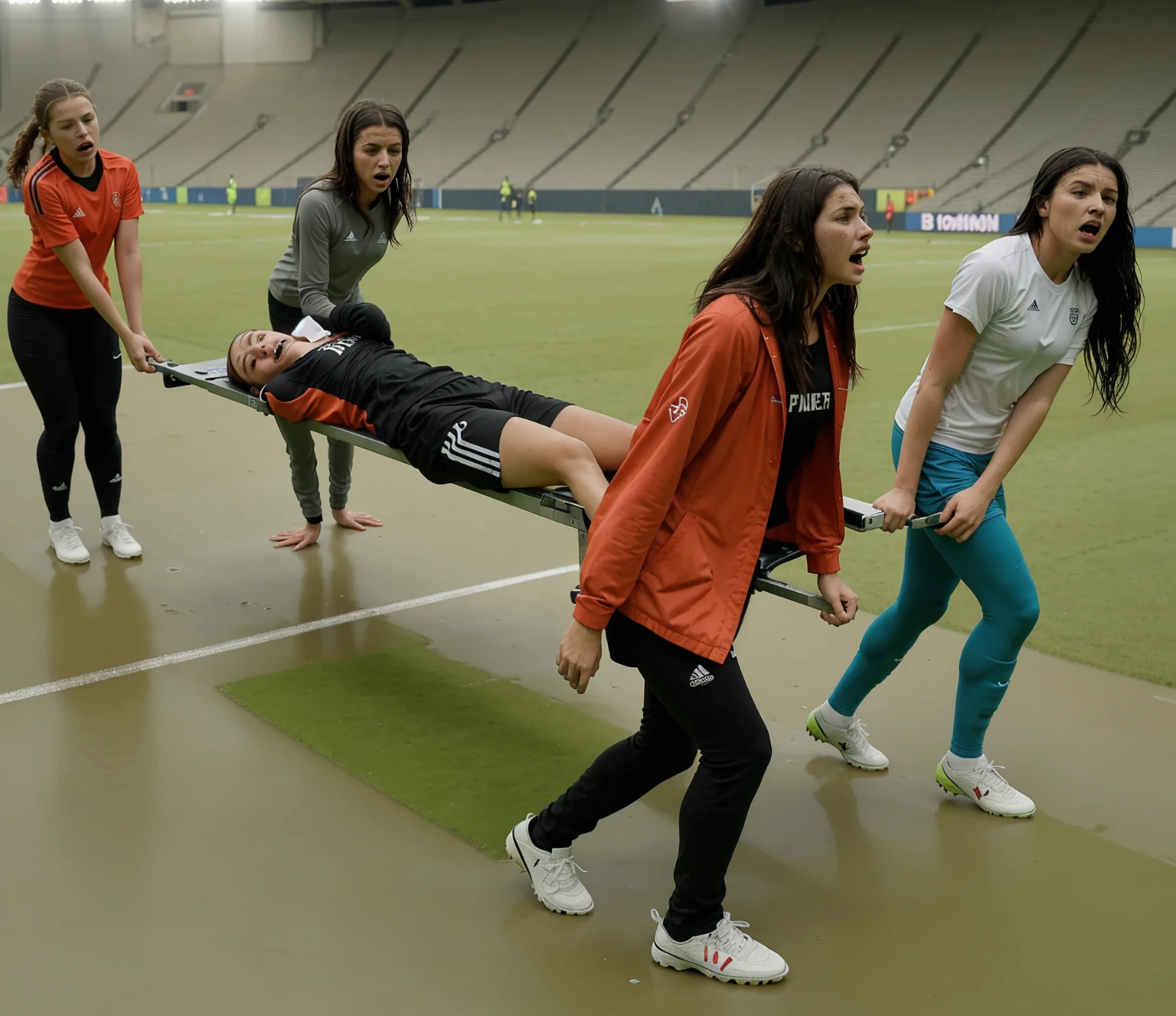 a soccer scene in a sports stadium, cool and wet weather conditions, humide ground, rainy sky, injury scene in a sports stadium, stretcher carry, there are four female medics carrying a stretcher, there are four female medics in very shiny coats who are carrying a stretcher in a sports stadium, there is a wounded male soccer player in a matte short cotton sports outfit lying on the stretcher, an injured male soccer player in matte cotton sportswear is lying in pain on a stretcher, a soccer player in matte cotton sports clothes is rearing up in intense pain while lying on a stretcher, dramatic scene, theatralic posing scene, dramatic pity scene, injury soccer, first aid, help, pity, there are four female medics in wetlook high-shine coats who are looking very sad and very terrified and very shocked, the injured soccer player is screaming out in pain while he is carried from the pitch on a stretcher 