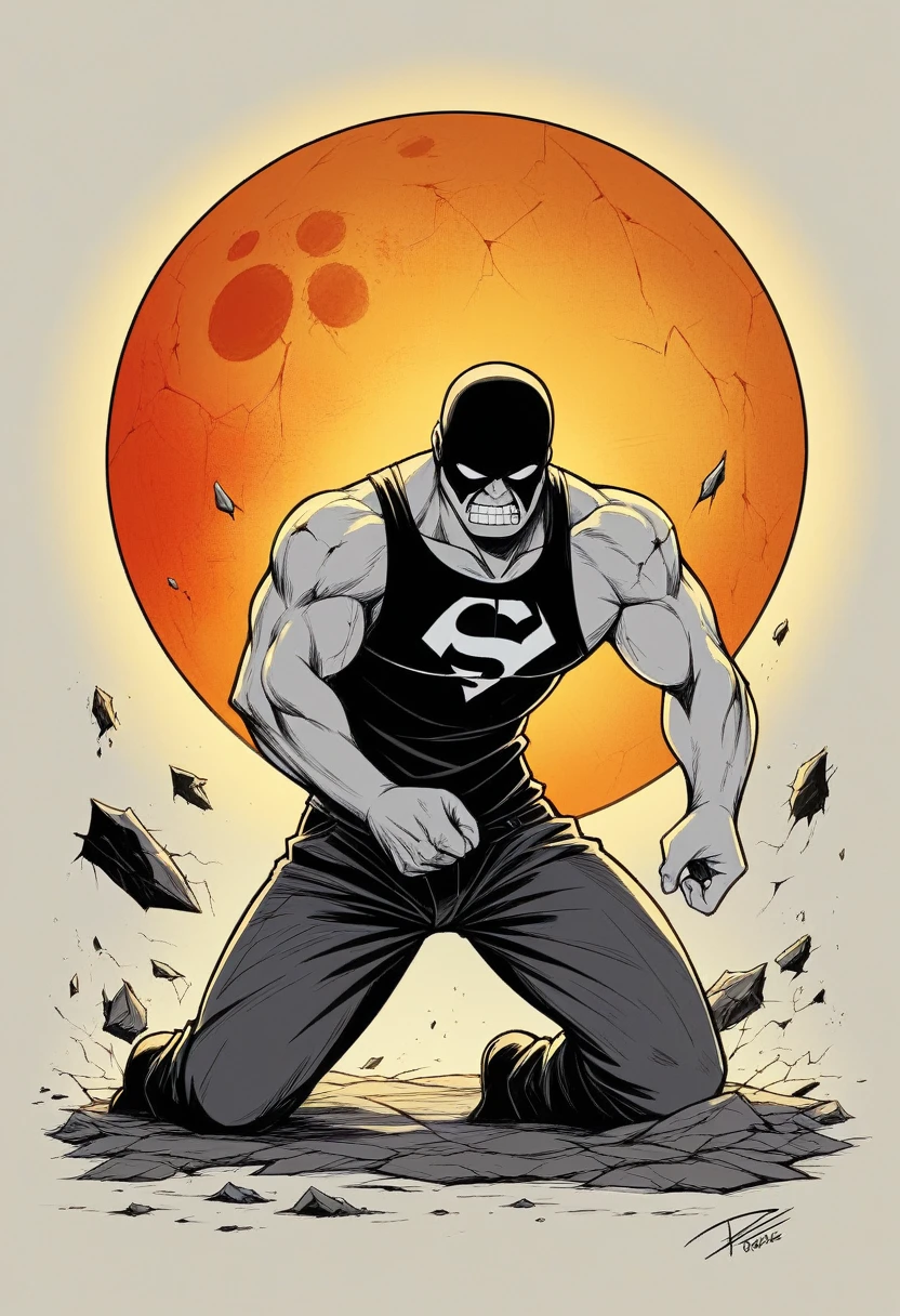 Superman mirror, black Punisher tank top, small scoundrel, cracked chainsaw, surviving spirit, strict, charming, on the ground gold rocks, dark red moon background, yellow haze, orange lighting, Burton details,, atmospheric composition, pre-production art, virtual art , interesting details, creative icons, stunning artwork fantasy core, captivating illustration art, complex Pho, 255K, super hyper, Sony A7S Ill, f/ 9.0, 1/400. Sharp focus, megapixel