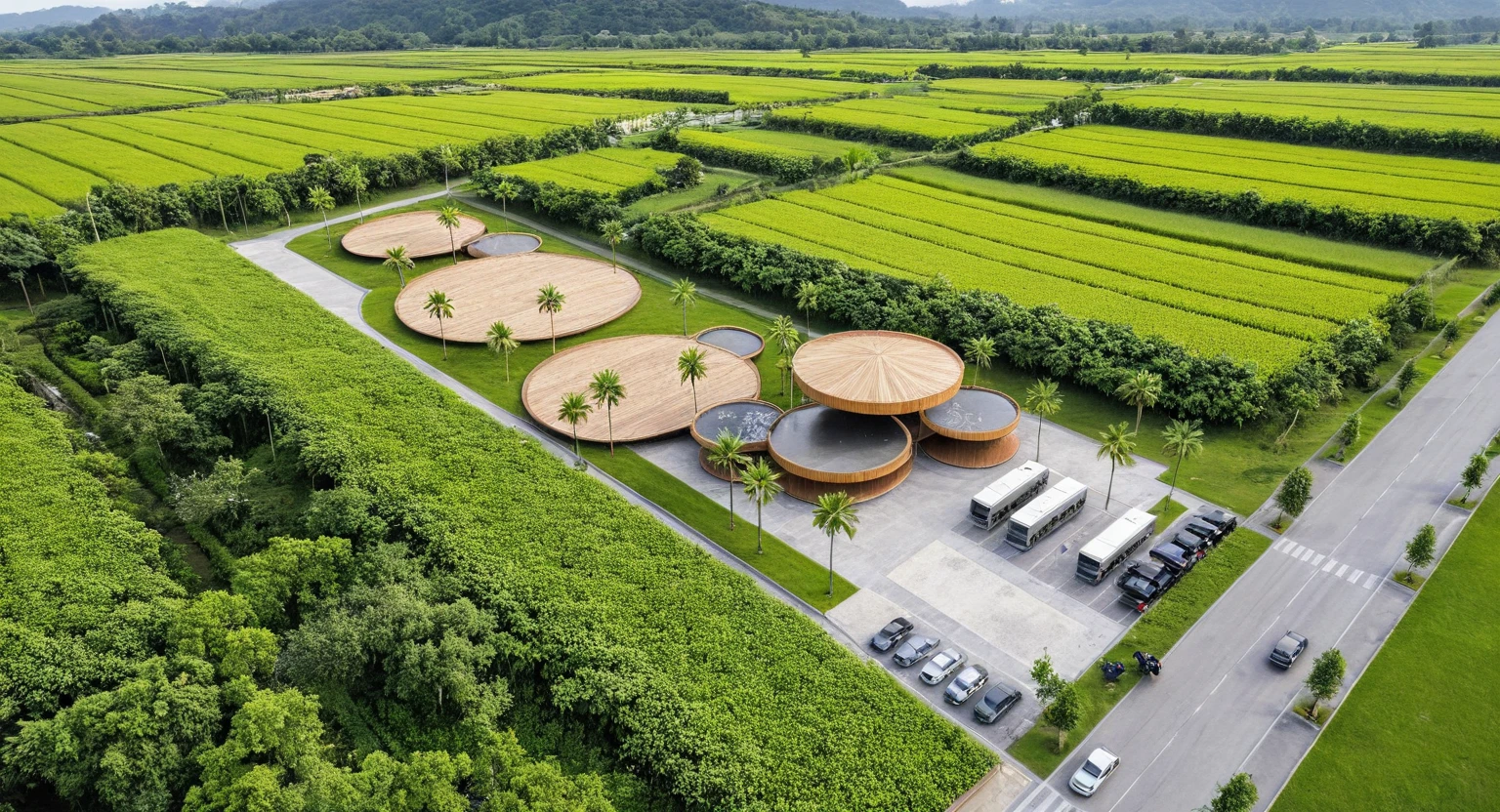 A holistic view of a highway rest stop designed in a local architectural style, surrounded by expansive rice fields. To the right, a paved road with cars passing by. In front, there's a spacious parking lot accommodating 45-seat buses, cars, and an electric vehicle charging station, all set on a gravel-covered landscape with thoughtfully designed greenery. The building complex features a series of interlocking circular roofs at varying heights, crafted from natural materials like bamboo, rattan, and wooden slats. Outdoor wooden decks are furnished for coffee drinkers. Behind the building, curving paths wind through the rice fields, leading to additional wooden platforms where visitors can enjoy their coffee while taking in the scenic views of the surrounding fields