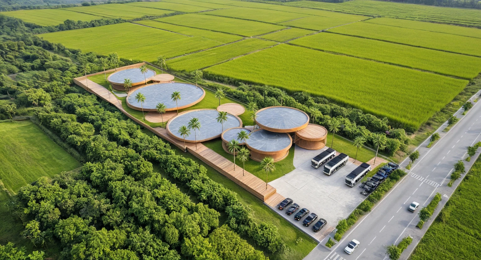 A holistic view of a highway rest stop designed in a local architectural style, surrounded by expansive rice fields. To the right, a paved road with cars passing by. In front, there's a spacious parking lot accommodating 45-seat buses, cars, and an electric vehicle charging station, all set on a gravel-covered landscape with thoughtfully designed greenery. The building complex features a series of interlocking circular roofs at varying heights, crafted from natural materials like bamboo, rattan, and wooden slats. Outdoor wooden decks are furnished for coffee drinkers. Behind the building, curving paths wind through the rice fields, leading to additional wooden platforms where visitors can enjoy their coffee while taking in the scenic views of the surrounding fields