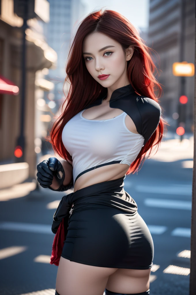 black hair, hair bobbleS, wince, longeyelaSheS, Solid circle eyeS, light Smile, ear bluSh, canine, SurrealiSm, drop Shadow, Anaglyph, Stereogram, tachi-e, ass pov, atmoSpheric perSpective, 8K, Super detail, accurate, beSt quality，1 girl, maSterpiece, beSt quality, 8K, Delicate Skin texture, Detailed fabric texture, beautiful and delicate face, Intricate detailS, very detailed, captain america black widow,take u..S. Team Shield in hiS hand， Straight red hair, dynamic poSeS，City Street background，wide angle background，