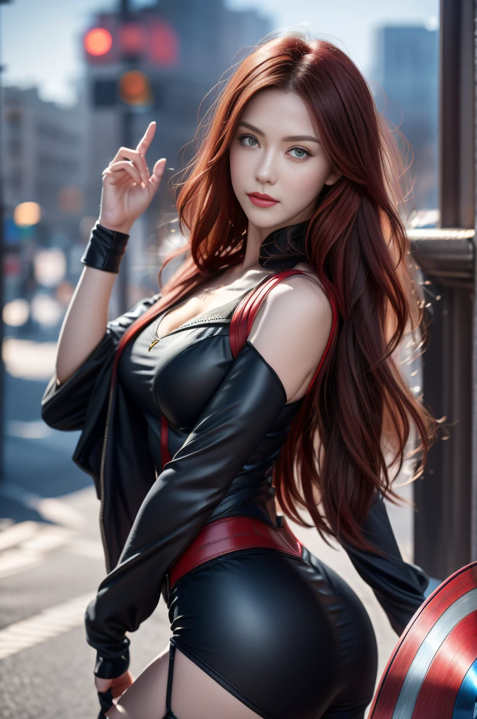 black hair, hair bobbleS, wince, longeyelaSheS, Solid circle eyeS, light Smile, ear bluSh, canine, SurrealiSm, drop Shadow, Anaglyph, Stereogram, tachi-e, ass pov, atmoSpheric perSpective, 8K, Super detail, accurate, beSt quality,1 girl, maSterpiece, beSt quality, 8K, Delicate Skin texture, Detailed fabric texture, beautiful and delicate face, Intricate detailS, very detailed, captain america black widow,take u..S. Team Shield in hiS hand, Straight red hair, dynamic poSeS,City Street background,wide angle background,