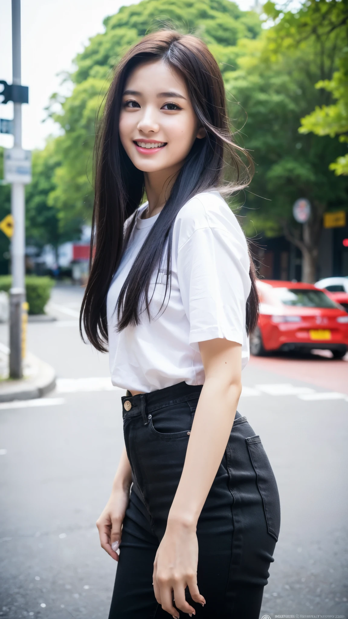 A beautiful young woman with gray eyes, pale skin, slim figure, smiling, long black hair, fashionable outfit, doing a youthful activity, (best quality,8k,highres,masterpiece:1.2),ultra-detailed,(realistic,photorealistic,photo-realistic:1.37),HDR,UHD,studio lighting,ultra-fine painting,sharp focus,physically-based rendering,extreme detail description,professional,vivid colors,bokeh,portrait