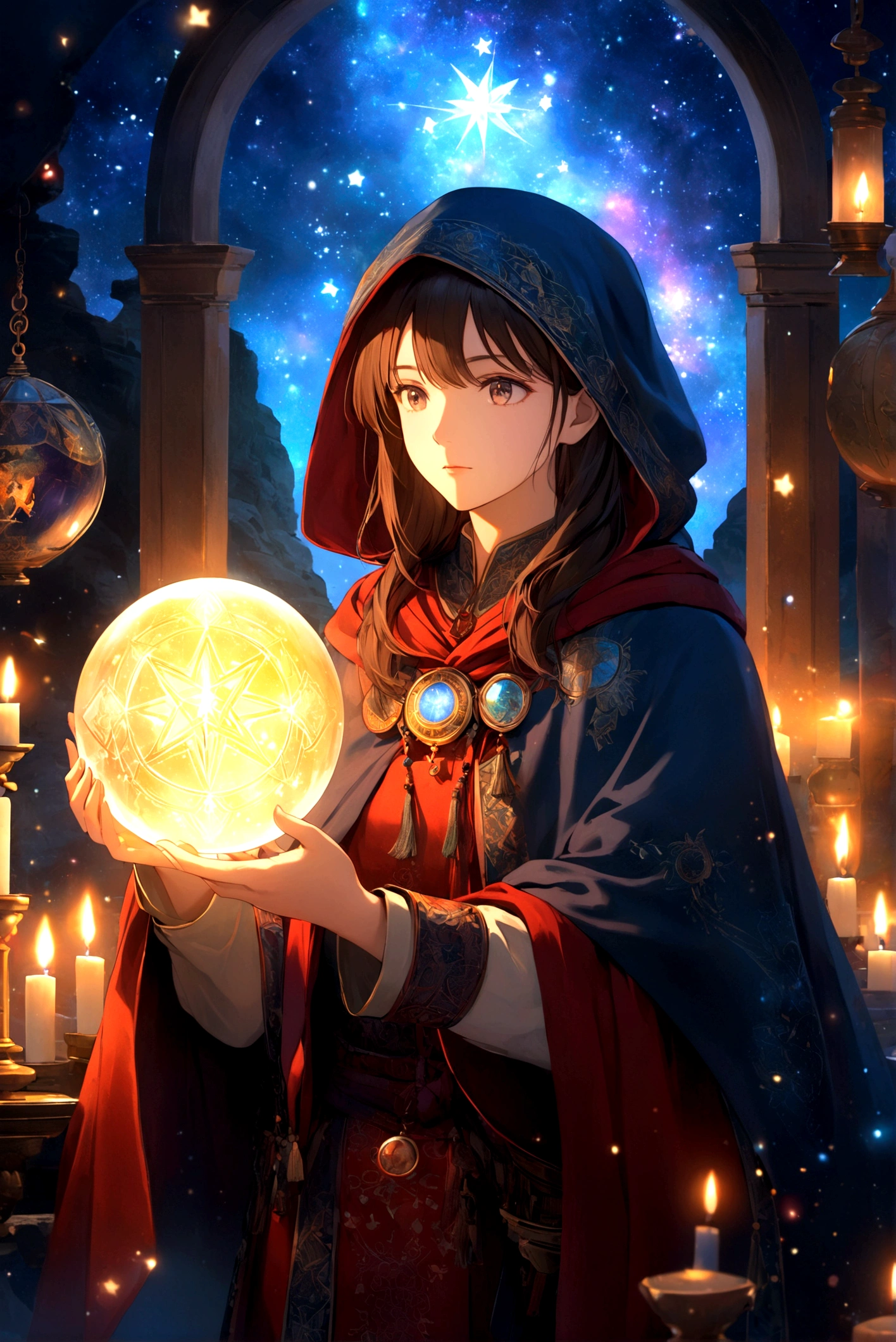 Astrologer, mystery, ancient, Starry sky background, Hold a crystal ball, Staring into the distance, The cloak flutters, night, Candlelight, ancient书籍, Star motif, Magic Runes, mystery氛围, Detailed description, High quality details, Artistic effects