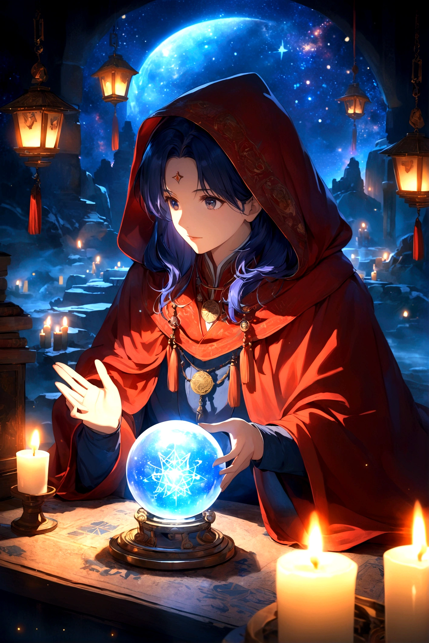Astrologer, mystery, ancient, Starry sky background, Hold a crystal ball, Staring into the distance, The cloak flutters, night, Candlelight, ancient书籍, Star motif, Magic Runes, mystery氛围, Detailed description, High quality details, Artistic effects