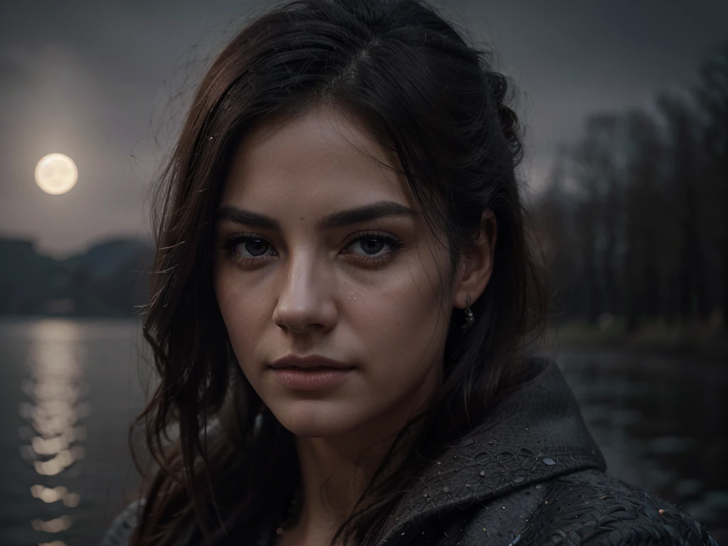 a man sitting under a full moon, detailed face, beautiful detailed eyes, beautiful detailed lips, extremely detailed facial features, longeyelashes, serene expression, wearing a long coat, detailed folds and textures on the coat, moonlit night, moody atmospheric lighting, dramatic shadows, intricate background details, fantasy landscape, (best quality,4k,8k,highres,masterpiece:1.2),ultra-detailed,(realistic,photorealistic,photo-realistic:1.37),digital art, cinematic mood, muted color palette, dramatic lighting