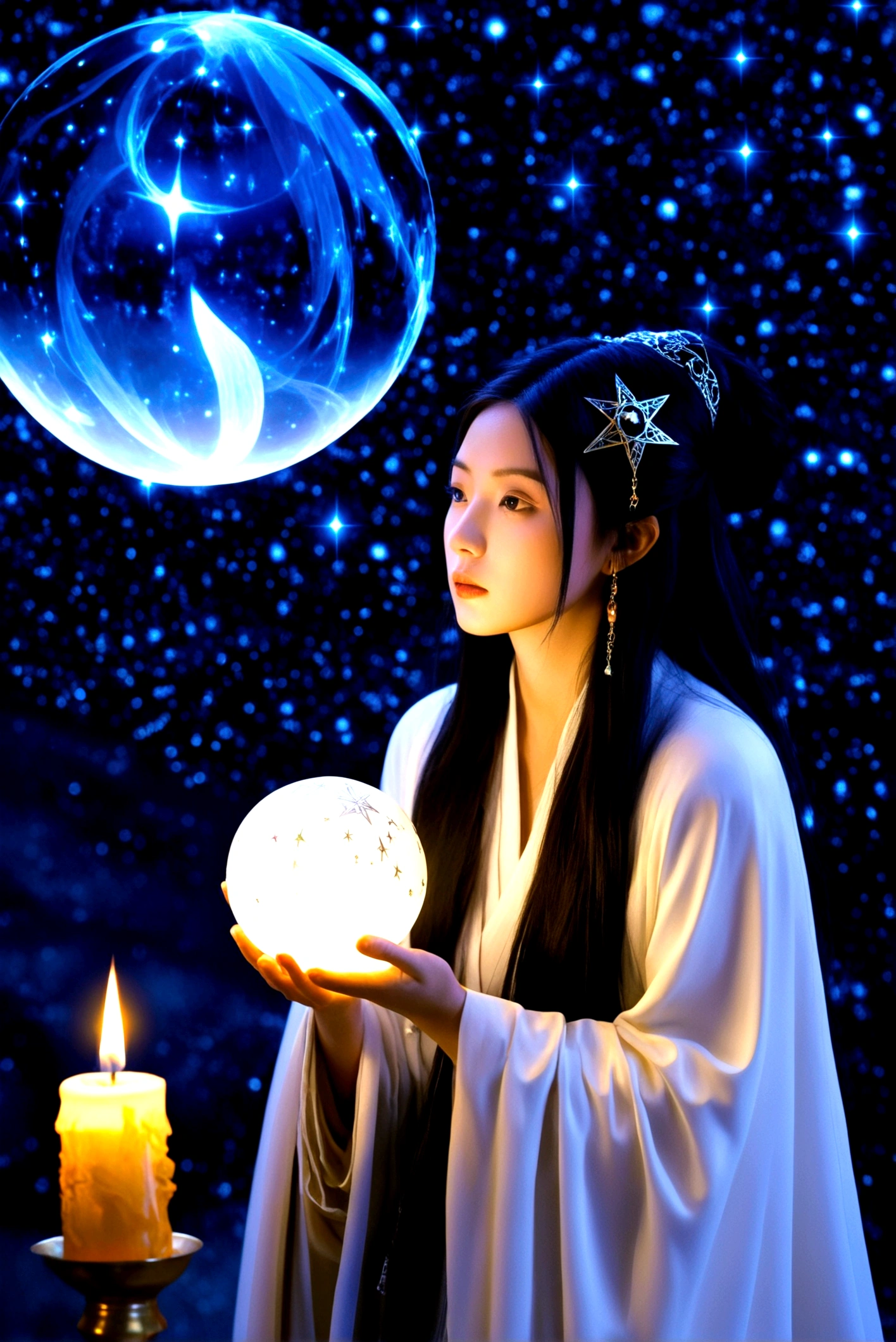 Astrologer, mystery, ancient, Starry sky background, Hold a crystal ball, Staring into the distance, The cloak flutters, night, Candlelight, ancient书籍, Star motif, Magic Runes, mystery氛围, Detailed description, High quality details, Artistic effects