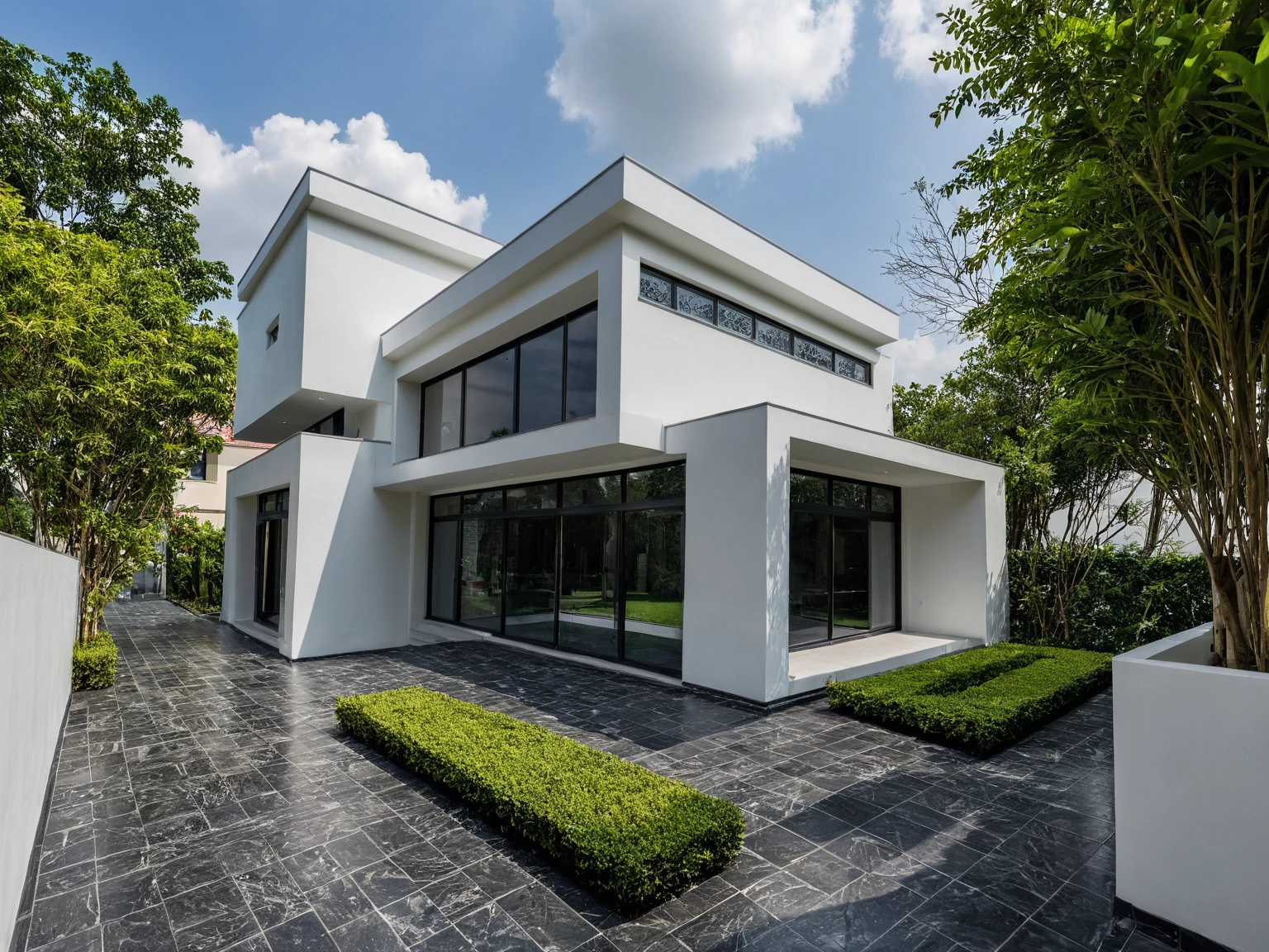 (masterpiece:1.2), best quality, photo of A two-story modern house in VietNam with white walls and dark tiles on the roof., (marble:1.2), tree and plant environment,daylight, streetcapes, natural light, vivid color, The exterior of an elegant single family home features large windows, a dark gray door frame.