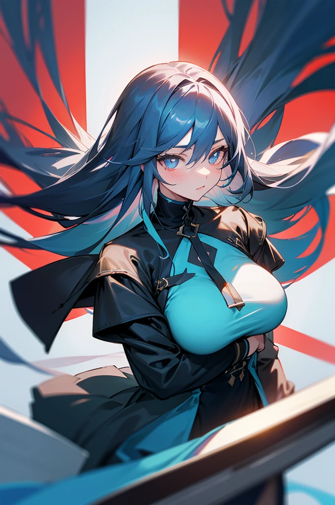 Anime-style illustration from the waist up, composition peeking out from below, long straight hair in navy blue to indigo gradient, large H-cup breasts, large droopy blue eyes, black turtleneck dress, simple long navy blue skirt, hands on hips, bending over, simple daytime blue sky in background