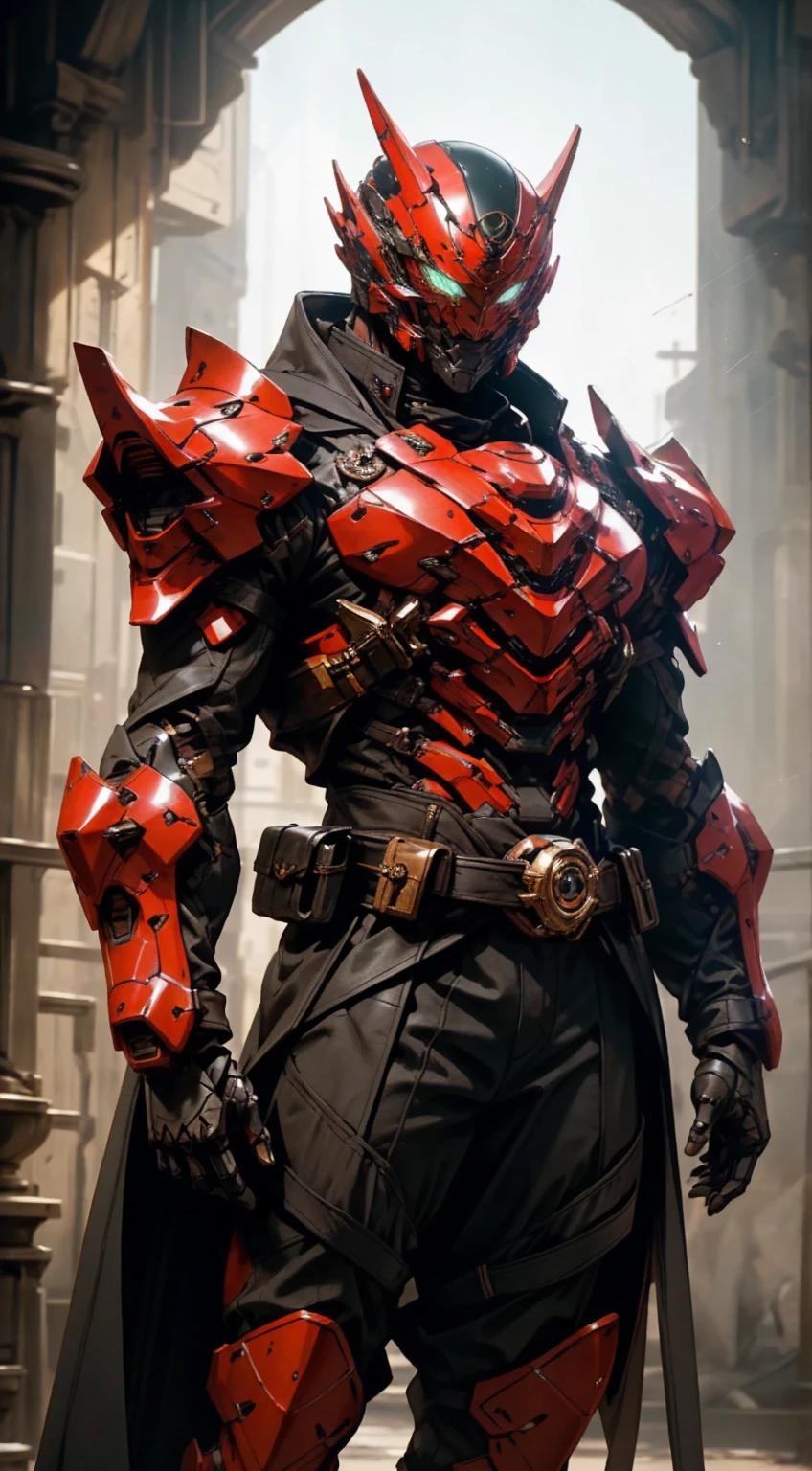 A man wearing a full-face helmet that covers most of his face, adorned in a biomimetic fantasy-style armor, the predominant black color is accented with red textures in the design this character embodies a finely crafted fantasy-style armored warrior design in anime, ((character concept art)), high definition, best quality, ultra-detailed, extremely delicate, anatomically correct, symmetrical face, extremely detailed eyes and face, high quality eyes, creativity, RAW photo, UHD, 16k, (Natural light, cinematic lighting, masterpiece:1.5)