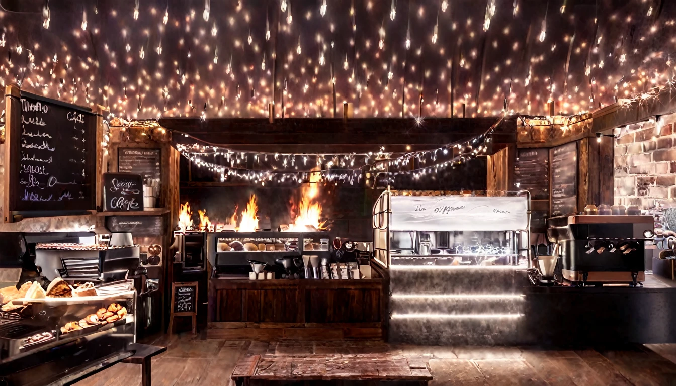 Create an image of a cozy coffee shoop with rustic interior with a roaring fireplace,one chalk board coffee menu,one barista table with barista tool on the barista table,food and coffe cup on the guest table,with and large windows offering a stunning view of a village at night. and be filled with warm lighting to contrast the cold, twinkling lights outside.And detailed such as coffee shop Interior.