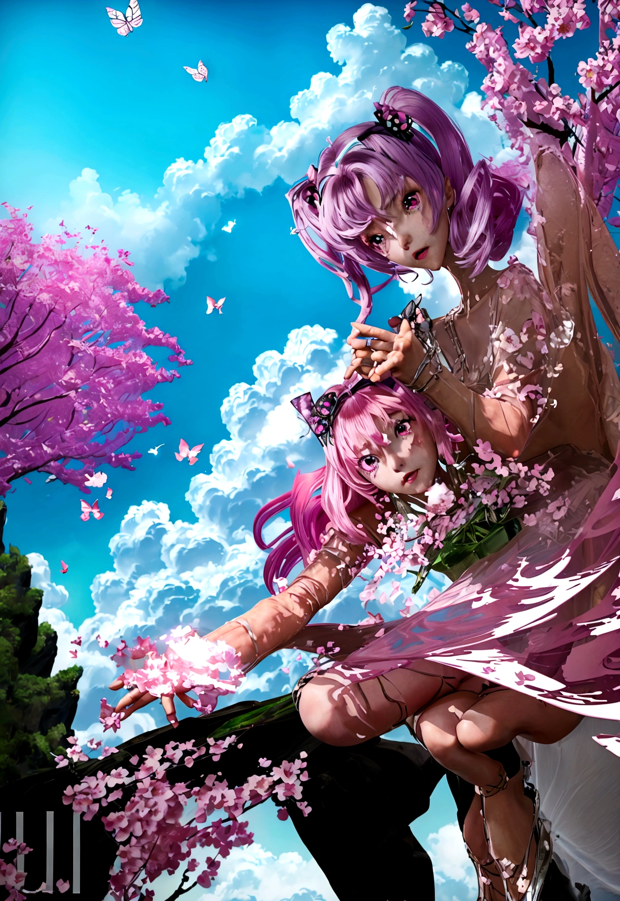 anime girl with pink hair and butterfly headband in a field of flowers, anime style 4 k, anime art wallpaper 4 k, anime art wallpaper 4k, detailed digital anime art, beautiful anime art style, anime art wallpaper 8 k, anime wallpaper 4 k, anime wallpaper 4k, anime style. 8k, kawaii realistic portrait, anime styled digital art, beautiful anime portrait