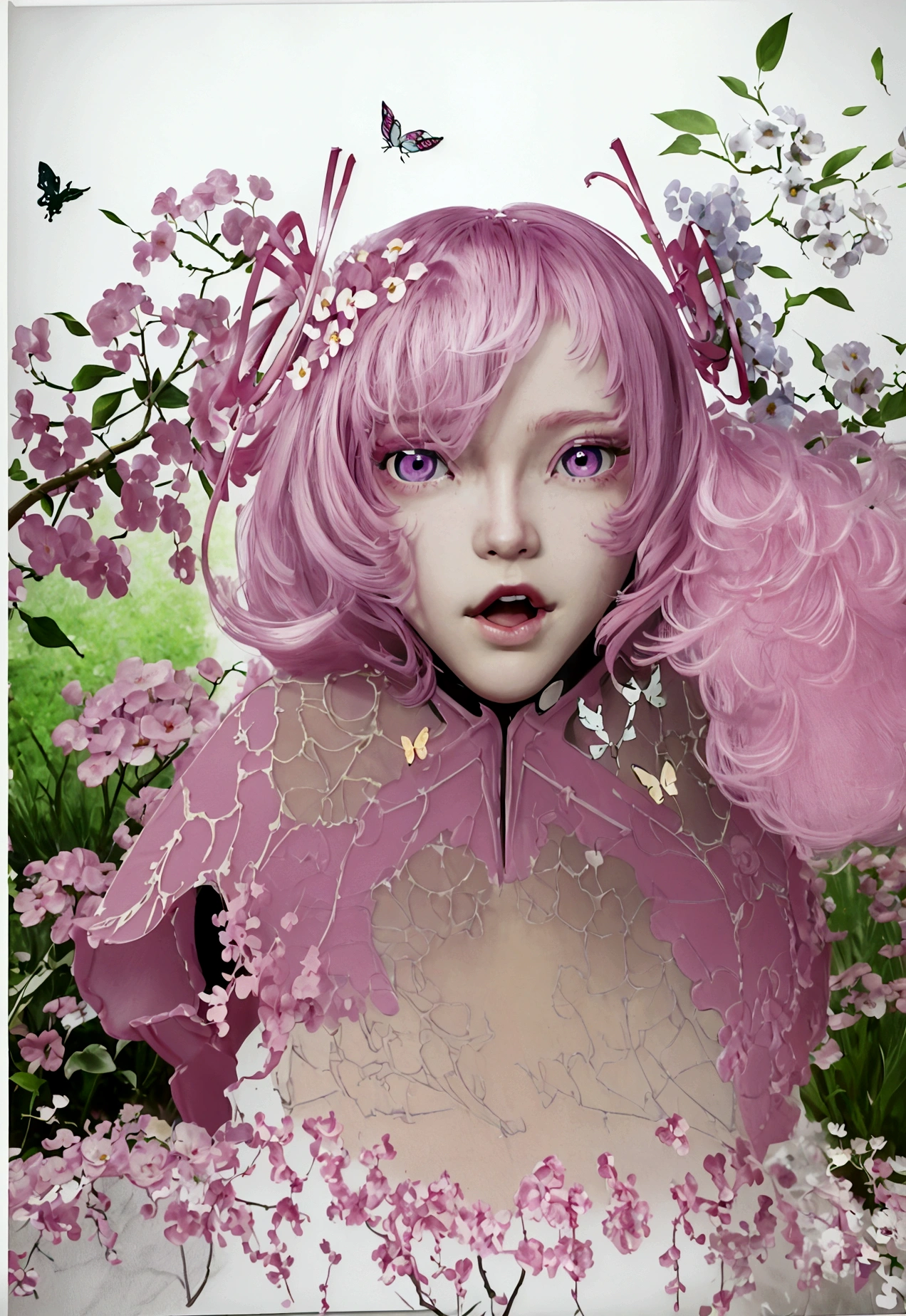 anime girl with pink hair and butterfly headband in a field of flowers, anime style 4 k, anime art wallpaper 4 k, anime art wallpaper 4k, detailed digital anime art, beautiful anime art style, anime art wallpaper 8 k, anime wallpaper 4 k, anime wallpaper 4k, anime style. 8k, kawaii realistic portrait, anime styled digital art, beautiful anime portrait