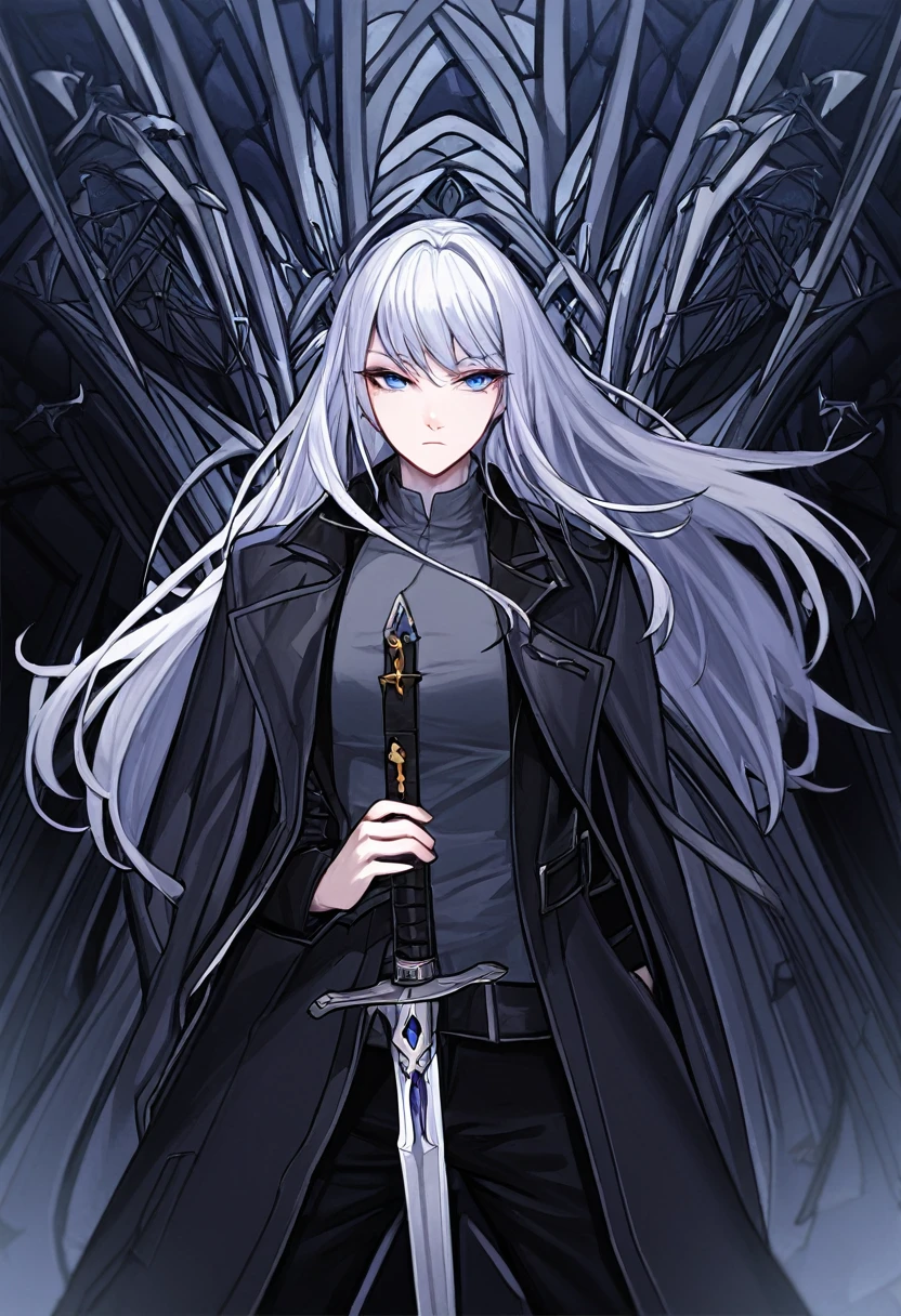 Perfect hands, Silver Hair, Fair skin, Girl, Long Hair, shirt, Black trousers, Black long coat, sword, Sign of holding a weapon with one hand, Expressionless purple and blue eyes