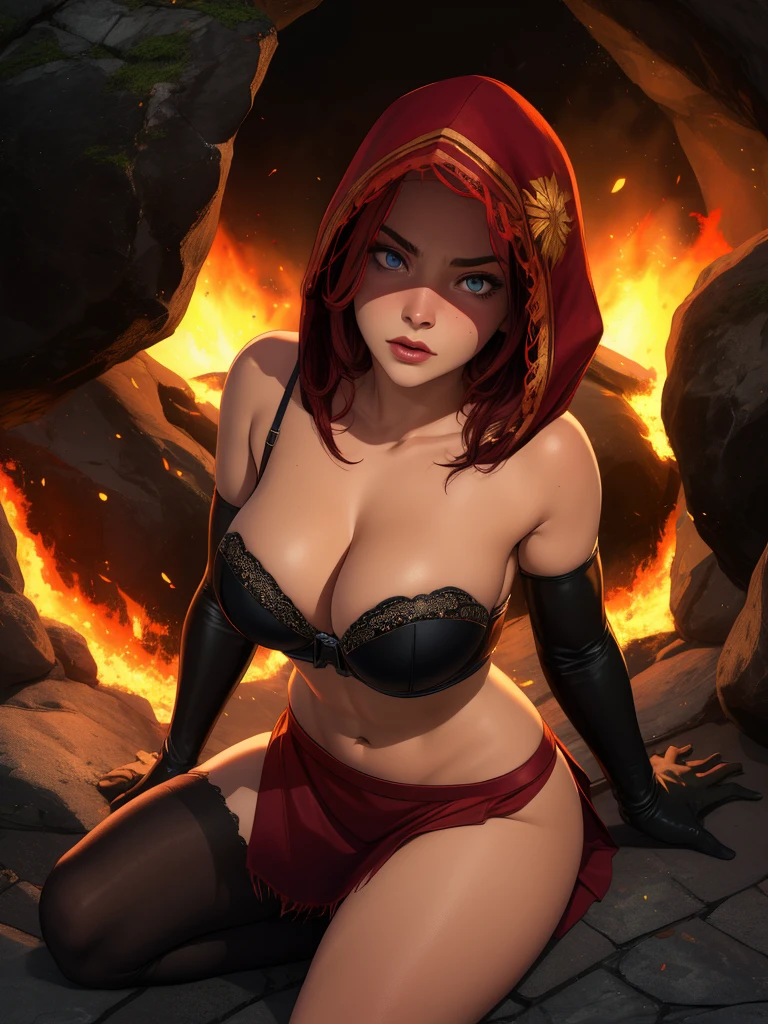 Dsorceress, redhair, shadowy face,dark cave, fire, hood, shadowed face, strapless bra, slim and athletic body, miniskirt, no , elbow gloves, dark skin, 1 girl (insanely detailed, masterpiece, best quality)