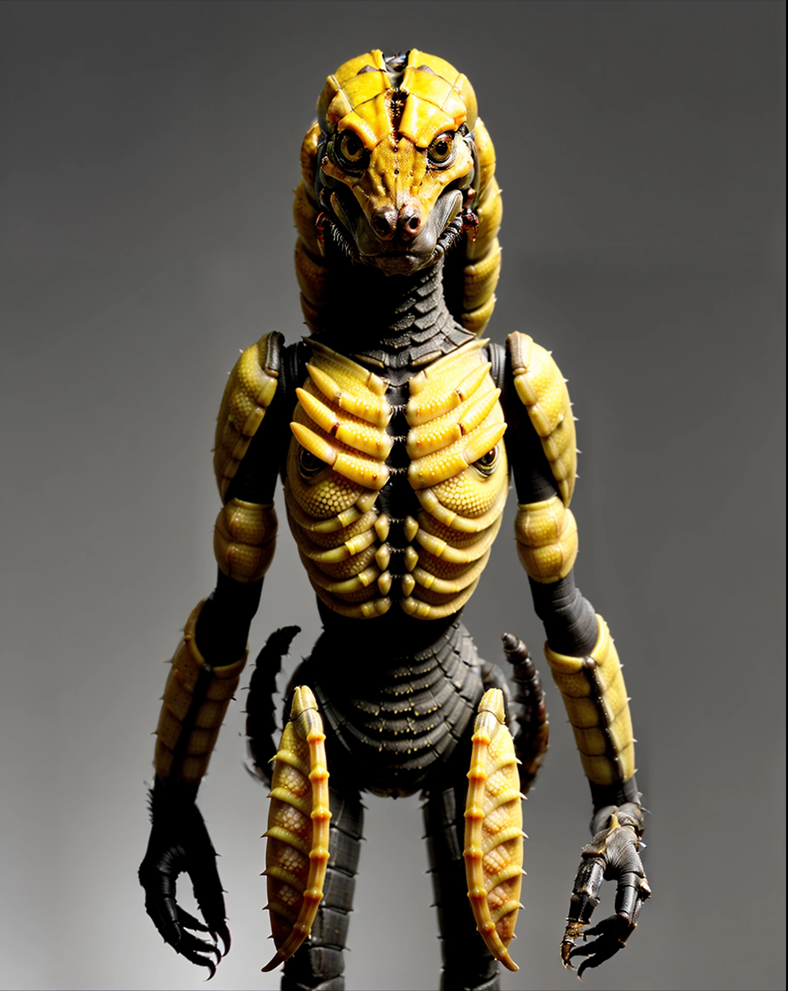 A captivating and original creature design, combining the features of an antlion and a scorpion. The creature has the upper body and head of an antlion, with its distinctive curved jaw, and the lower body of a scorpion with an arched, segmented tail terminating in a deadly stinger. Its exoskeleton is a unique blend of the two species, with a rough, insect-like texture and a sharp, armored carapace. The creature's eyes are large and piercing, while its pincers are ready to grasp and hold onto its prey.