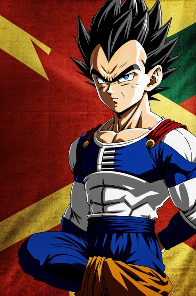 Create an anime picture of vegeta from dragonball in clothes from kurdistan and kurdistan flag on it