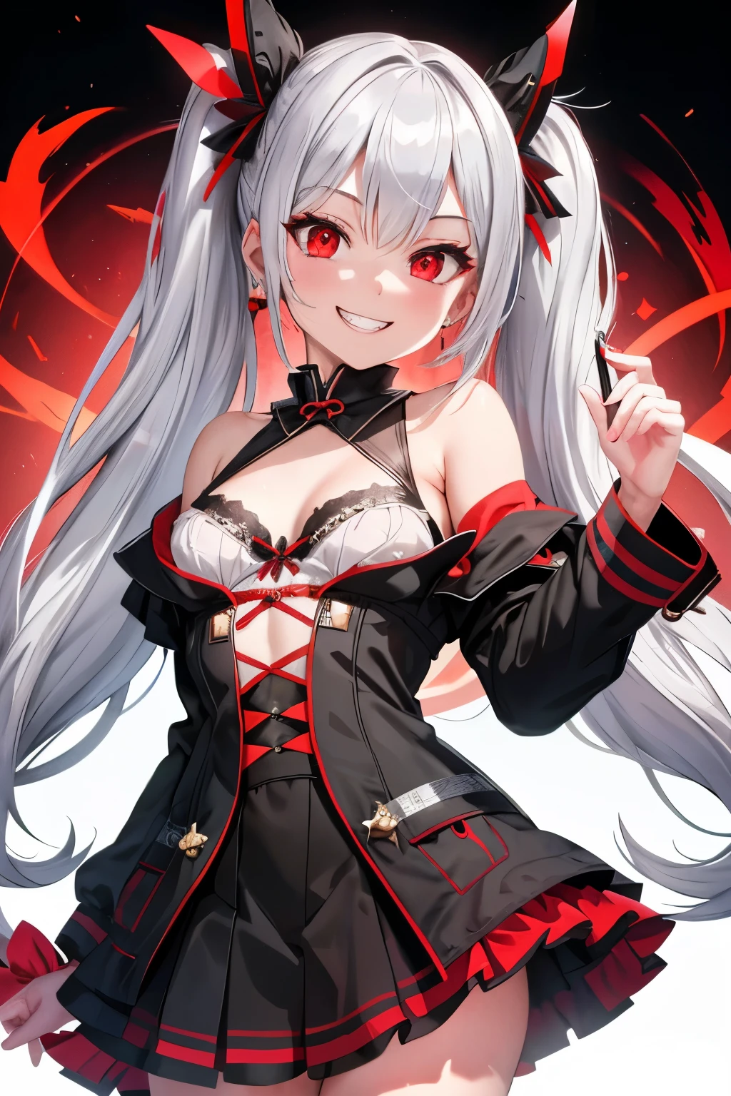 (8K, Best image quality, Highest quality, masterpiece), Detailed face, 1 Girl, Silver Hair, Twin tails, Red eyes, After sunburn, Earrings, Wicked Smile, teeth、Grin, Small breasts,