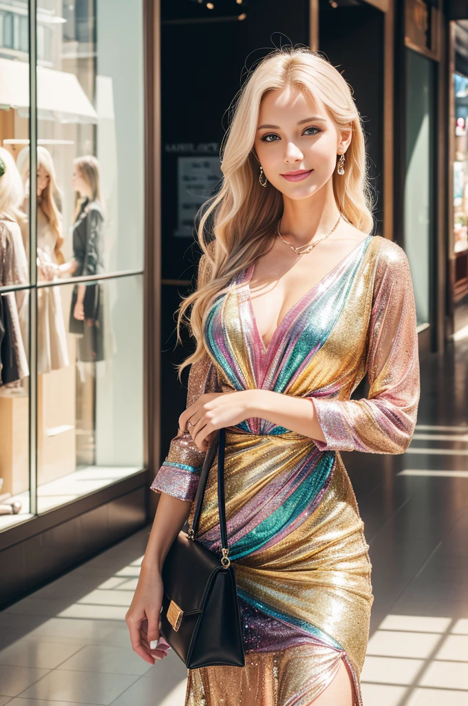 (best quality, 4k ,8k, highres, masterpiece:1.2), ultra-detailed, (realistic, photorealistic, photo-realistic:1.37), closeup, beautiful Swedish woman, beautiful smile, beautiful makeup, platinum blonde hair, fair skin, slender figure, elegant posture, wearing large sparkling colorful jewelery, wearing a business style leather dress, standing in a large shopping mall, gentle sunlight shining through the shopping mall windows, casting a soft glow on her face, adding warmth to the scene, vibrant colors, capturing the essence of vibrant city life, portrait style, showcasing her natural beauty and grace in a feminine way