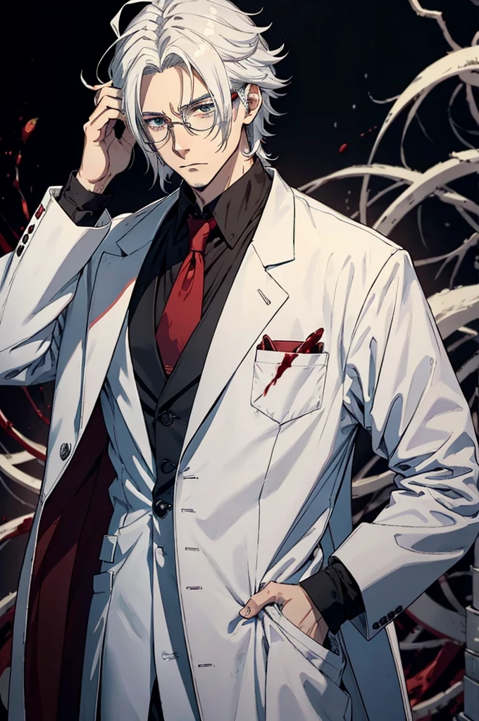 Anime style, male scientist, tall, glasses, brown shoulder length hair with white tips in his hair, white hair tips, the tips of his hair are white, blood on his hands, scalpal in one of his hands covered in blood, , handsome, scary. cold. blood over his lab coat.