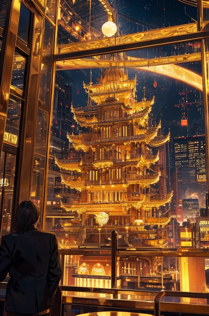 golden casino, night, downtown, HDR, 4k resolution, golden moon, firework, modern architecture, slot machine, indoor