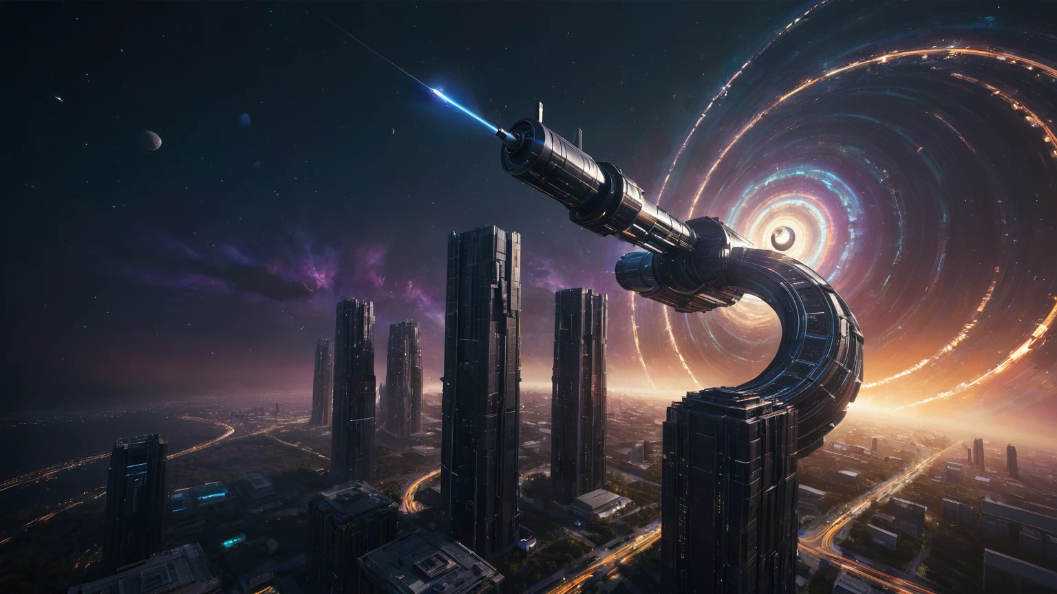 aerial view. brightly colored abstract image of a space station with a spiral, epic beautiful space scifi, chaotic cinematic space rift, greg beeple, planets colliding, beeple and tim hildebrandt, beeple and jean giraud, end of the universe, galaxy space sci-fi, ringworld, by Mike "Beeple" Winkelmann. Matrix style, (((((Matrix cascading code))))), (((((a futuristic twin tower skyscraper with a unique twisted design))))), (((((OLED GUI interfaces in the building))))), at night, (((((1girl, solo))))), photo realistic, (((large-breast:1.2 slim body, cleavage))), (((off broken mini sling-shirt and black sling bra, extreamly short pleated miniskirt exposing panty))), (((((running pose))))), (((((matrix style black sunglasses))))), ((((((((((aiming with a short gun)))))))))), (((((looking at camera))))), (((very low view))), (((((half-body thigh level medium shot))))), (((cinematic lighting))).
