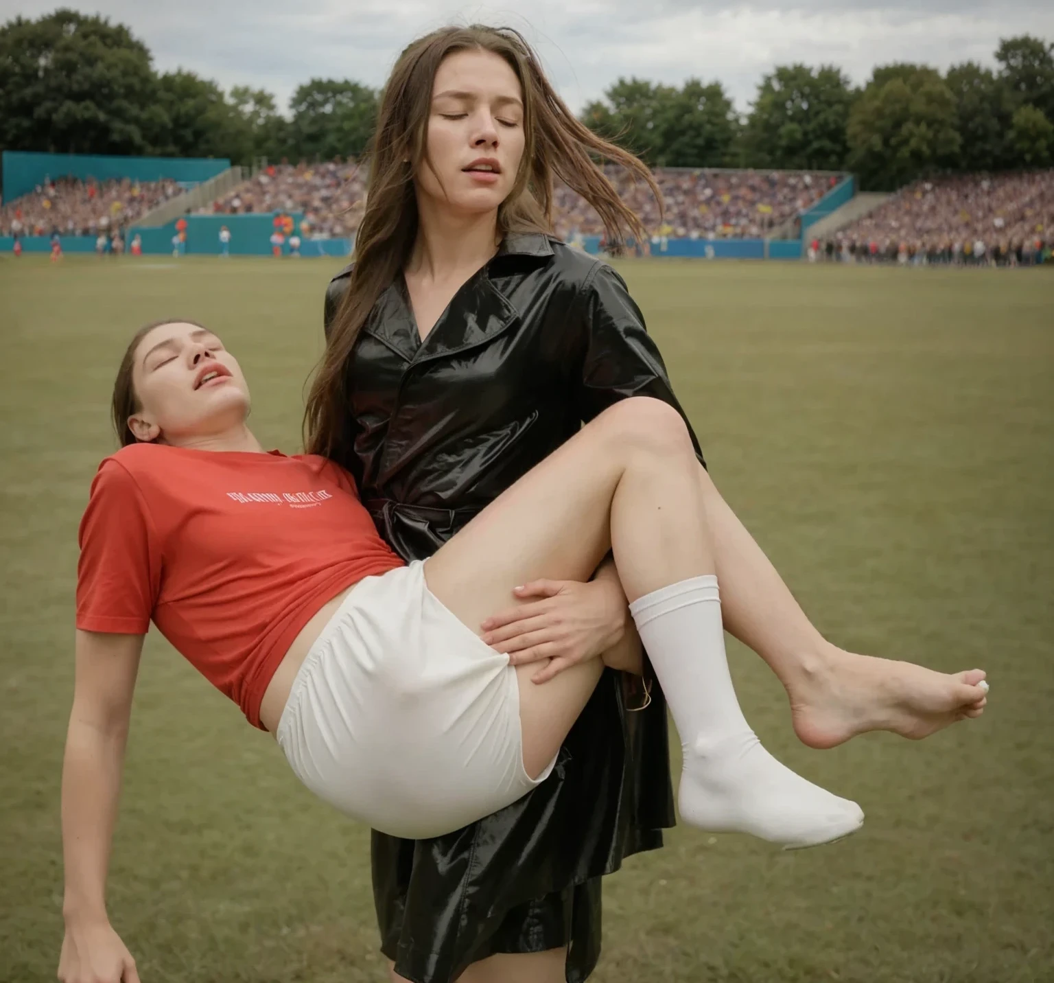 asian woman in glossy bomber, asian girl wearing laquered jacket, soccer action pose, affection pose, lecherous action pose, dramatic action pose, theatralic pose, there is an attractive woman that is carrying a skinny man, there is a beautiful woman in a shiny coat who is carrying a blond man in her arms, a longhaired beautiful woman in a high-shine black puffy coat, a longhaired woman in a shiny downcoat, a woman is carrying a shorthaired man who is wearing matte cotton shorts and a matte cotton t-shirt, a weak man in matte cotton sports shorts is consciousless and needs to be carried, a shorthaired man with closed eyes is carried in the arms of a longhaired woman, a woman looks very scared and terrified, a consciousless man with closed eyes is suffering very much and has a very painful face, photo, photo shoot, photographed , accident, help, aid, first aid, pity