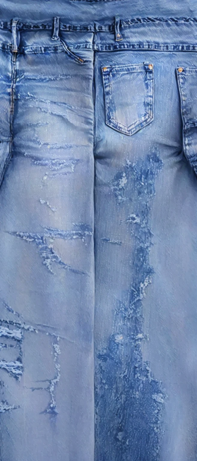 a close up of a pair of 蓝色jeans with a hole in the back, 细致的衣服Texture, acid wash layering, 蓝色jeans. Unreal 5, 强力清洗Texture, Blue tight closed long coat, 蓝色jeans, jeans, 高度细致的Texture, 宽松的jeans, double denim, jeans, Zoom out, Extremely realistic, High detail clothing，HD，Ultra-clear，Clarity，Texture