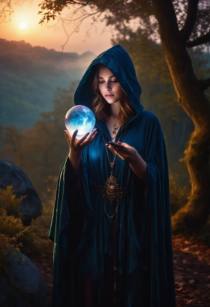 astrologer, 1girl, hooded cloak, occult symbols, mysterious aura, crescent moon, glowing crystal ball, ethereal lighting, fantasy landscape, mist, deep jewel-toned colors, cinematic lighting, dramatic shadows, dramatic, mystical, intricate details