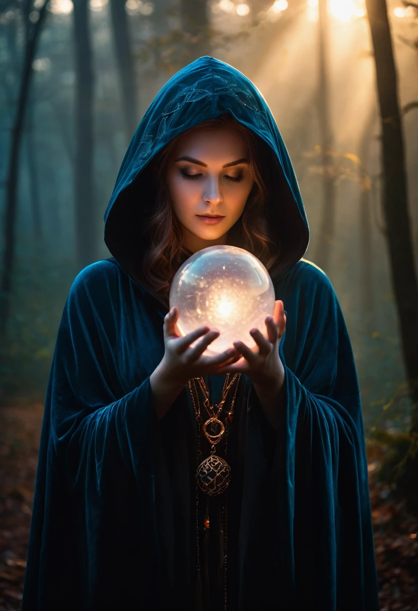 astrologer, 1girl,  hooded cloak, occult symbols, mysterious aura, crescent moon, glowing crystal ball, ethereal lighting, fantasy landscape, mist, deep jewel-toned colors, cinematic lighting, dramatic shadows,  dramatic, mystical, intricate details