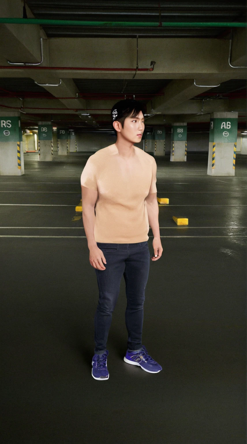 arafed man in a parking garage with no shirt on, sixpack body, abs, lean man with light tan skin, full body picture, photorealistic full body, standing in a parking lot, hyper real photo, photorealistic perfect body, inspired by Russell Dongjun Lu, full body pictures, fullbody photo, south korean male, hyper realistic background, shirtless, shirtless :: high detail
