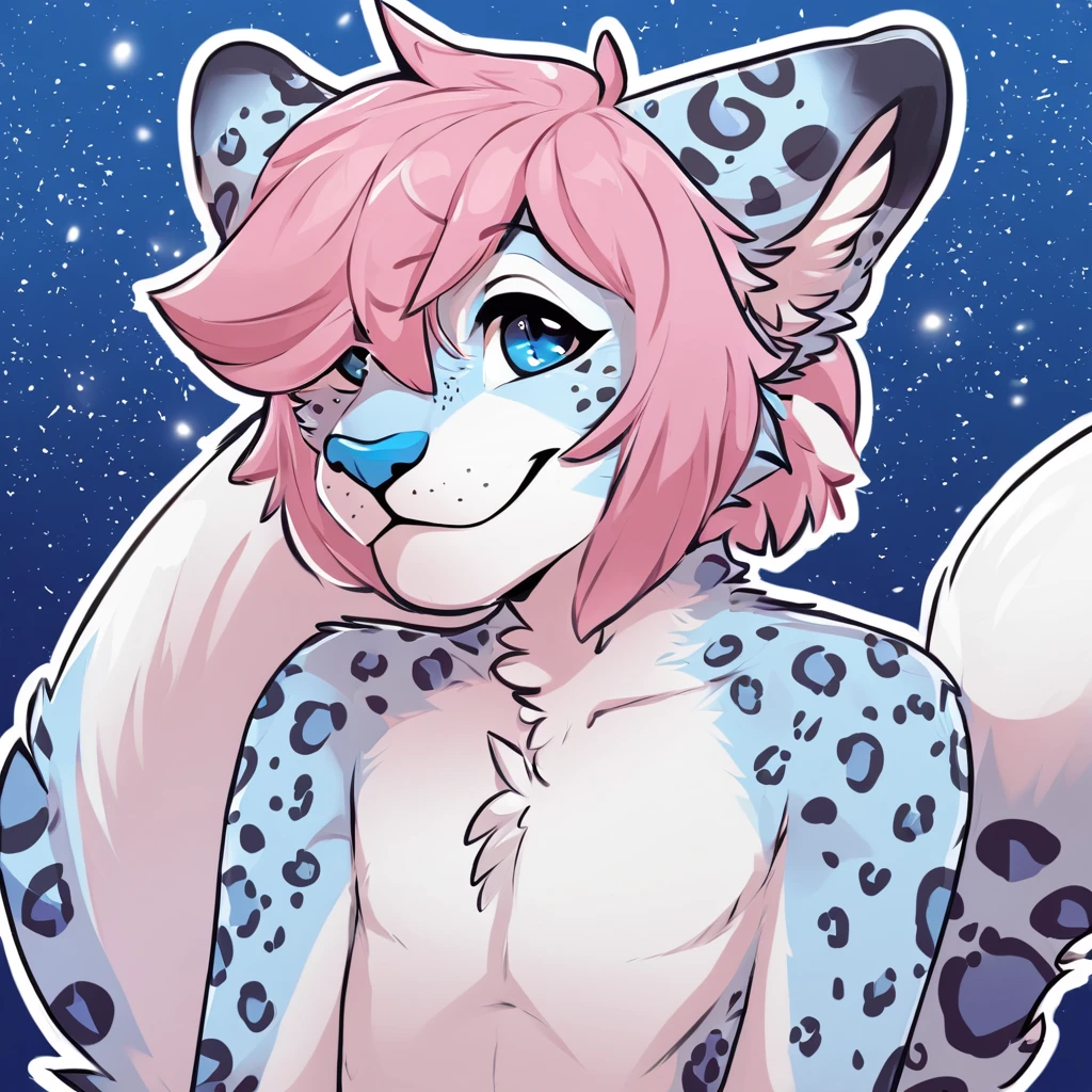 adult, feline, mammal, anthro, anthropomorphic, snow_leopard, striped, fur, striped_feline, fur, furred_anthro, femboy, male, light_pink, fluffy, long_tail, blue_nose, expressive eyes, feline_ears, pink_hair, blue_fur, light_blue_chest, shy, small_pupils, spotted_pattern, stripes, digital_art, high_resolution, high_res, hand-drawn, pencil_lines, head_visible, background, neck_visible, seductive_face, blue_galaxy_background, white_outline, detailed_line_work, profile_picture, head_visible