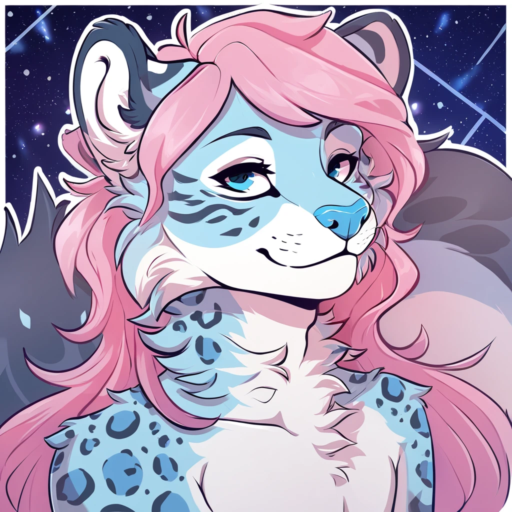 adult, feline, mammal, anthro, anthropomorphic, snow_leopard, striped, fur, striped_feline, fur, furred_anthro, femboy, male, light_pink, fluffy, long_tail, blue_nose, expressive eyes, feline_ears, pink_hair, blue_fur, light_blue_chest, shy, small_pupils, spotted_pattern, stripes, digital_art, high_resolution, high_res, hand-drawn, pencil_lines, head_visible, background, neck_visible, seductive_face, blue_galaxy_background, white_outline, detailed_line_work, profile_picture, head_visible
