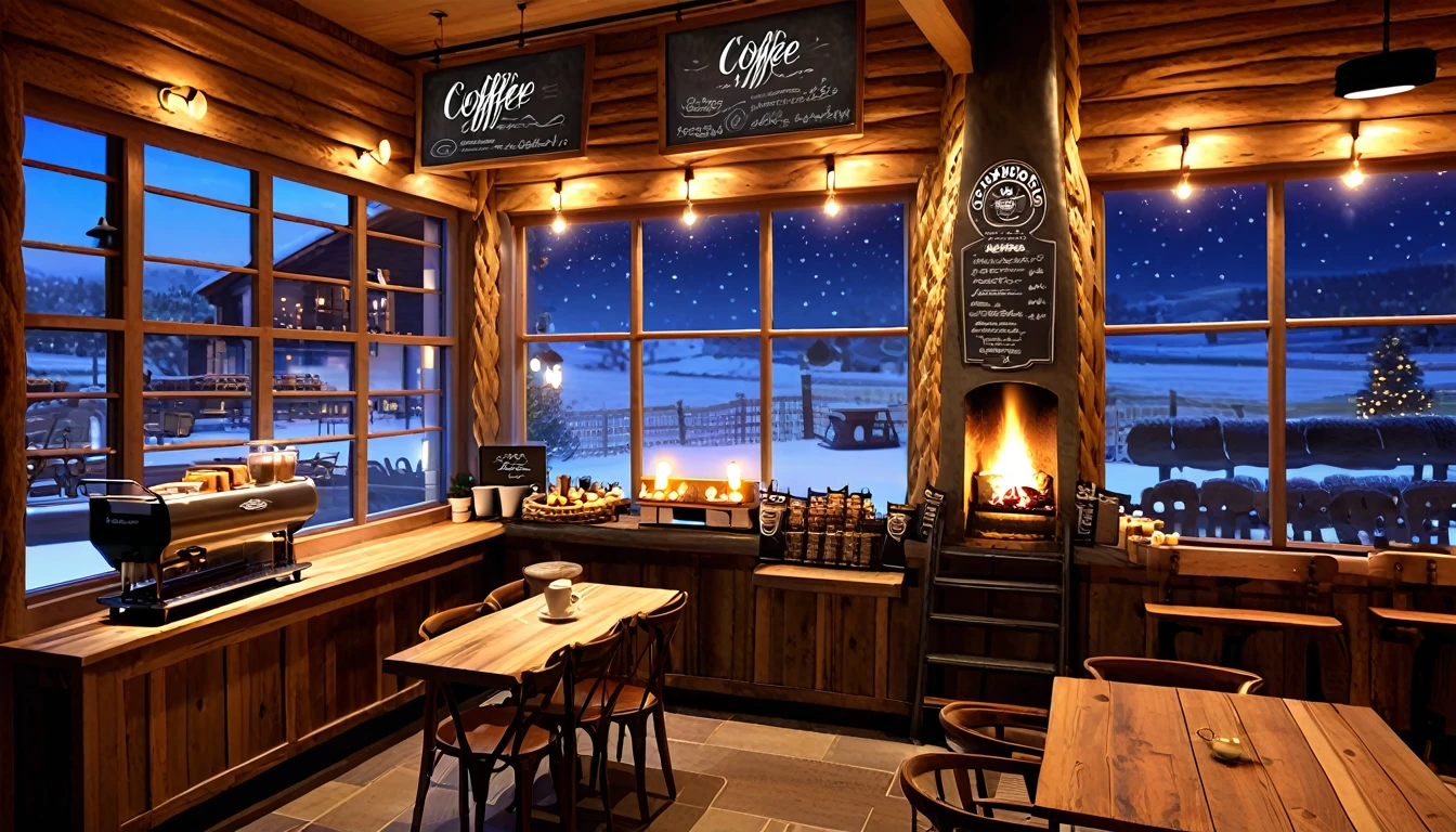 Create an image of a cozy coffee shoop with rustic interior with a roaring fireplace,one chalk board coffee menu,one barista table with barista tool on the barista table,food and coffe cup on the guest table,with and large windows offering a stunning view of a village at night. and be filled with warm lighting to contrast the cold, twinkling lights outside.And detailed such as coffee shop Interior.