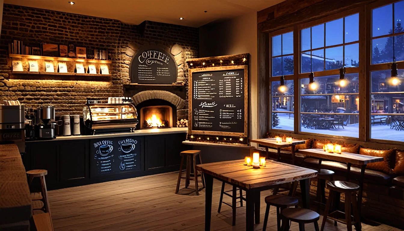 Create an image of a cozy coffee shoop with rustic interior with a roaring fireplace,one chalk board coffee menu,one barista table with barista tool on the barista table,food and coffe cup on the guest table,with and large windows offering a stunning view of a village at night. and be filled with warm lighting to contrast the cold, twinkling lights outside.And detailed such as coffee shop Interior.
