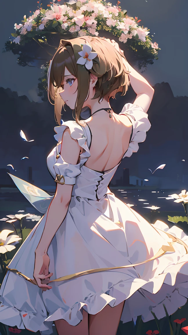 masterpiece, Highest quality, High resolution, Very detailed,(((Schwarzgran))), (((Wearing a white dress。))), (((Turning her back。))), Flower Field, Zoom in