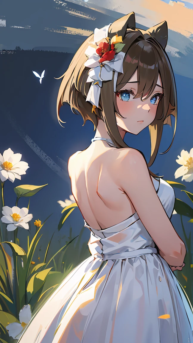 masterpiece, Highest quality, High resolution, Very detailed,(((Schwarzgran))), (((Wearing a white dress。))), (((Turning her back。))), Flower Field, Zoom in