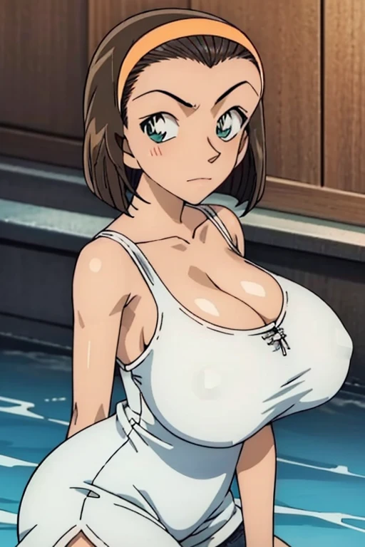 looking at the camera、When I Look at You、lookatviewer、Anime Style、Eroge、1 Girl, (Huge breasts), (Tight white camisole dress)、Low Angle、Brown haired, hair band、Bob Hair、The forehead is visible、blush,The whole body is visible:1.5、Dolphin Shorts、Cleavage、O-neck