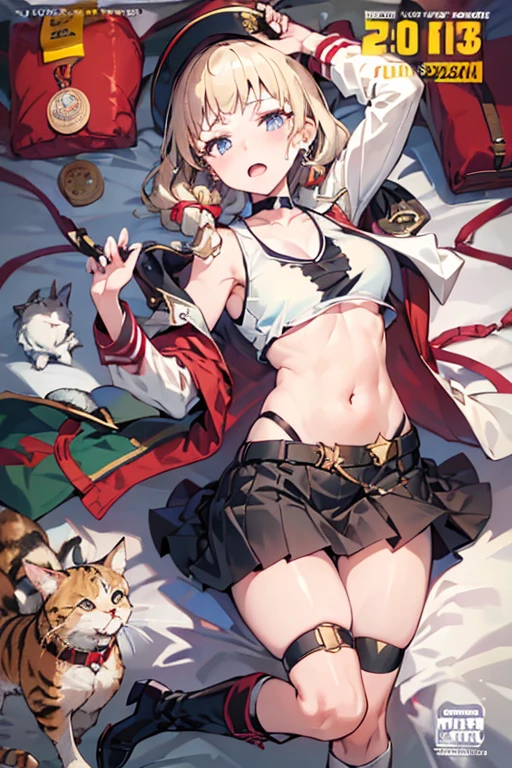(masterpiece:1.2), (Military uniform magazine cover:1.4),best quality,PIXIV,Sweet girl , sexy posture,1girl, (perky chest:1.2), rolling upskirt by wind:1.6, (with sparkling eyes and a contagious smile),open mouth, (pointed chest:1.2),fishnets, black hair, boots, long hair, black nails, skirt, shirt, black footwear, bag, black skirt, jewelry, jacket, thigh strap, bangs, necktie, earrings, nail polish, multicolored hair, looking at viewer, full body, bottle, own hands together, belt, jacket on shoulders, food, cats on head, ring, choker, english text, collared shirt, blue eyes, hat, lace-up boots ,masterpiece、highest quality、Very detailed、An illustration、Beautiful fine details、One Girl、cute、Detailed landscape、Training Room Background:1.4、Platinum Blonde Hair、Braided Ponytail、Red camisole、((c cup breasts, Tank top showing underboob:1.4))
