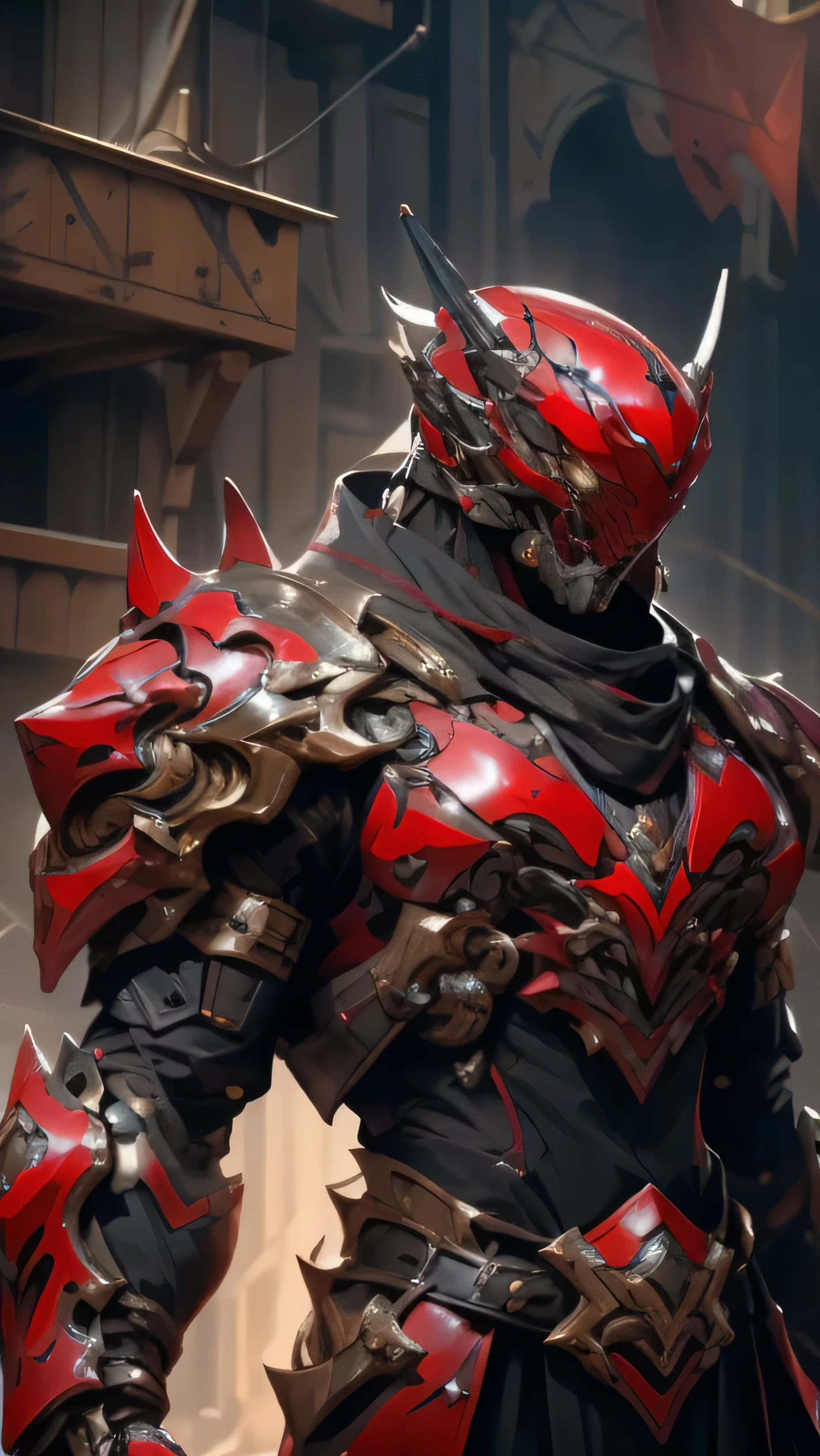 A man wearing a full-face helmet that covers most of his face, adorned in a biomimetic fantasy-style armor, the predominant black color is accented with red textures in the design this character embodies a finely crafted fantasy-style armored warrior design in anime, ((character concept art)), high definition, best quality, ultra-detailed, extremely delicate, anatomically correct, symmetrical face, extremely detailed eyes and face, high quality eyes, creativity, RAW photo, UHD, 16k, (Natural light, cinematic lighting, masterpiece:1.5)