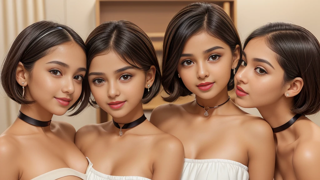 Three girls, (cute white arab women, 18 years old, round face shape, small nose, thin nose, thin nostril, small nose-tip, beautiful small delicate nose, (very thin) round eyebrows, (very thin eyebrows), perfect thin lips, red lipstick, (big) (round) feminine cheeks, cheek dimples, very cute cheeks, prominent round:1.8 cheekbones, clean skin, tan:1.8 skin, black short hair, choker, big brown (drop) eyes, wearing a (white) strapless mini dress) smiling), (kissing:1.2), (Masterpiece), (Realistic), (best quality), (8K), ultra detailed, UHD, RAW,