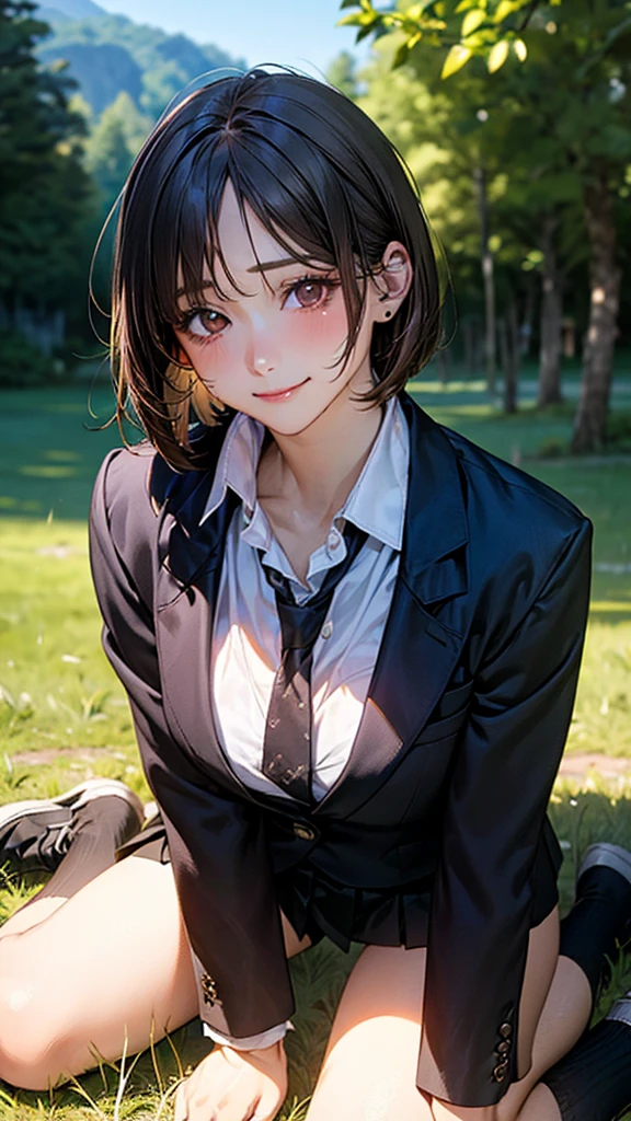 (masterpiece:1.2, top-quality), (realistic, photorealistic:1.4), beautiful illustration, (natural side lighting, movie lighting), 
looking at viewer, cowboy shot, front view, 1 girl, japanese, high school girl, perfect face, cute and symmetrical face, shiny skin, 
(short hair:1.2, bob cut:1.2, brown hair), swept bangs, dark brown eyes, long eye lasher, (large breasts:0.6, seductive thighs), 
beautiful hair, beautiful face, beautiful detailed eyes, beautiful clavicle, beautiful body, beautiful chest, beautiful thigh, beautiful legs, beautiful fingers, 
(((black blazer, close blazer), long sleeve white collared shirts, black pleated skirt, black socks)), 
(beautiful scenery), evening,  (lovely smile, upper eyes), In a grassy field, a girl is on all fours, and a big dog is behind her, grabbing her waist with its paws and holding her close to the lower half of her body.
Her face is bright red and flushed, her mouth is open, and she looks like she is about to cry.
She is wearing a very short skirt.