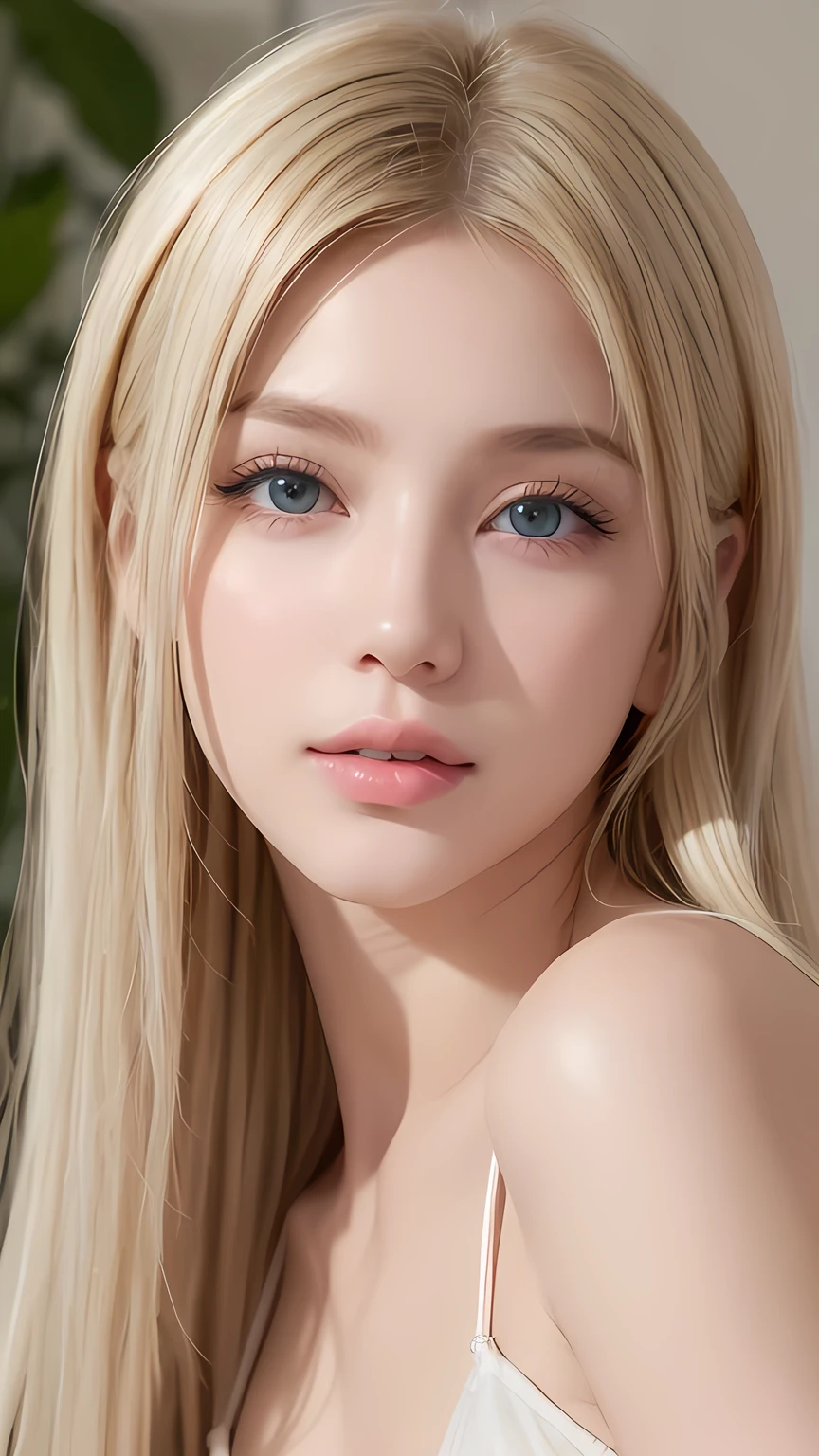 Dressed、(Photorealistic:1.4)、(ハイパーRealistic:1.4)、(Realistic:1.3)、(Smooth lighting:1.05)、(Improved cinematic lighting quality:0.9)、32k、1 Girl、A beautiful woman、Very cute expression、A beautiful  blonde girl、bangs that fall on the face、Bangs left over the eyeessy bangs between the eyes and nose、Realistic top lighting、Backlight、Face Light、Super long silky platinum hair、Blonde rays、(Bright light:1.2)、(quality improvement:1.4)、(Highest quality realistic textured skin:1.4)、Very beautiful, detailed, shiny, very bright, mint blue, large eyes、Very big eyes、Detailed face、A careful eye for quality、(Tired, sleepy and satisfied: 0.0)、Face close up、T-Shirts、(Enhances the body line:1.1)、(Enhances the beauty of skin texture:1.1)、Cheek gloss highlighter、Small Face Beauty、Round face、Very white and bright skin