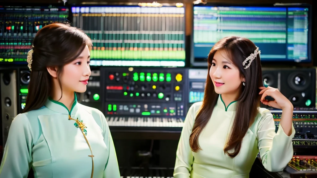 2 Vietnamese girls inside the music studio , Wear Vietnamese Ao Dai, High quality photos, HD, 4K, chill