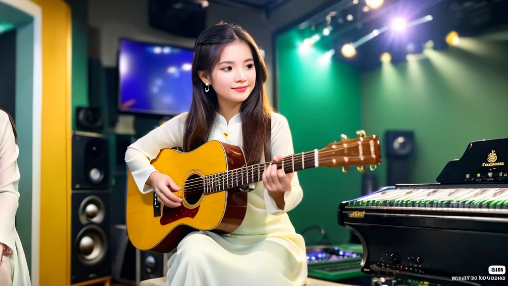 2 Vietnamese girls inside the music studio , Wear Vietnamese Ao Dai, High quality photos, HD, 4K, chill