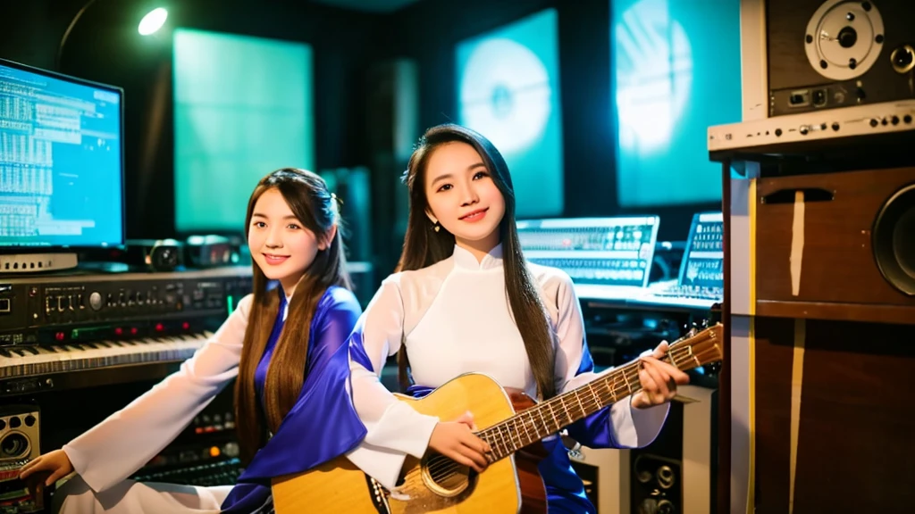 2 Vietnamese girls inside the music studio , Wear Vietnamese Ao Dai, High quality photos, HD, 4K, chill