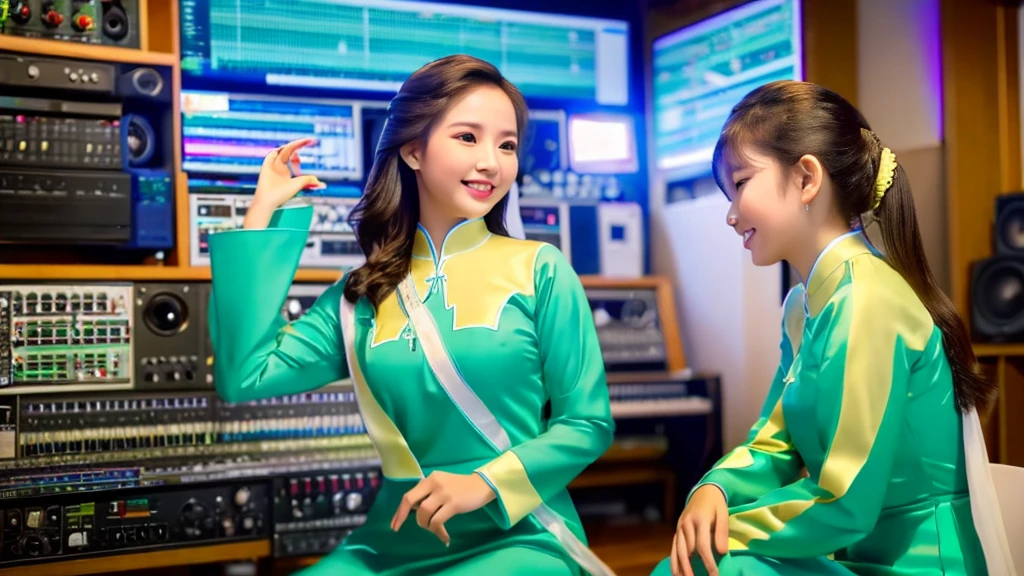 2 Vietnamese girls inside the music studio , Wear Vietnamese Ao Dai, High quality photos, HD, 4K, chill